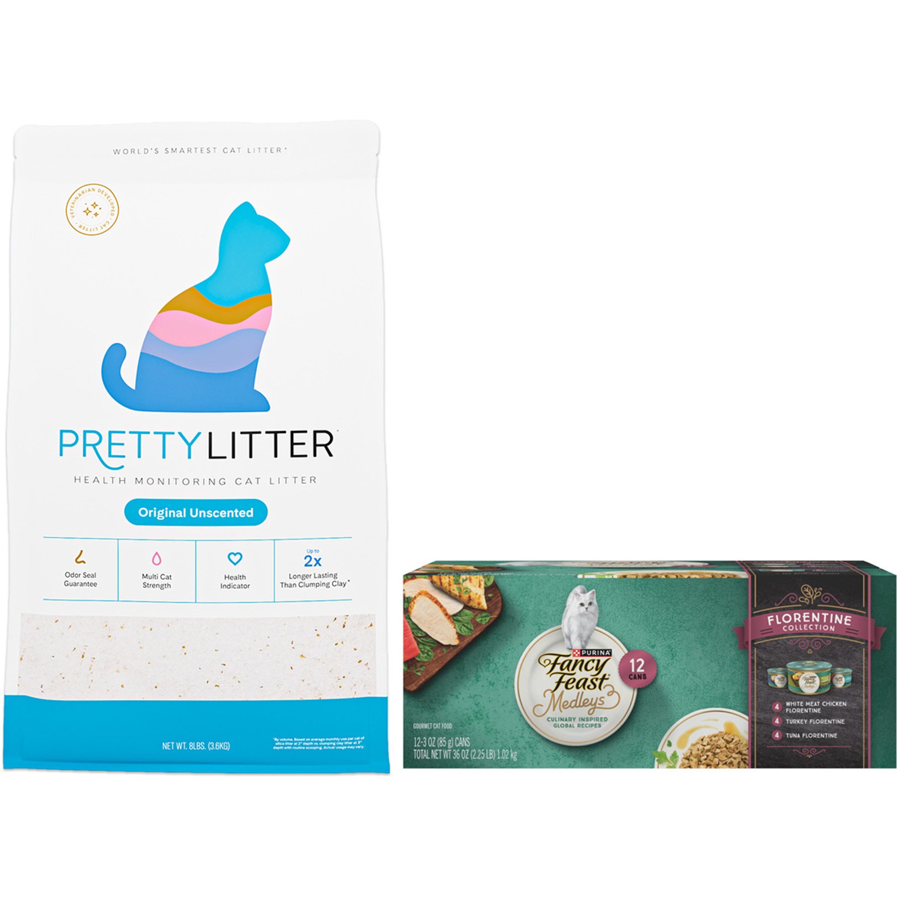 Fancy Feast Medleys Florentine Collection Pack Canned Food + PrettyLitter Cat Litter
