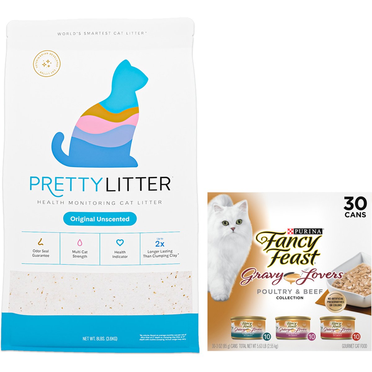 Fancy Feast Gravy Lovers Poultry & Beef Feast Variety Pack Canned Food, 3-oz, case of 30 + PrettyLitter Cat Litter
