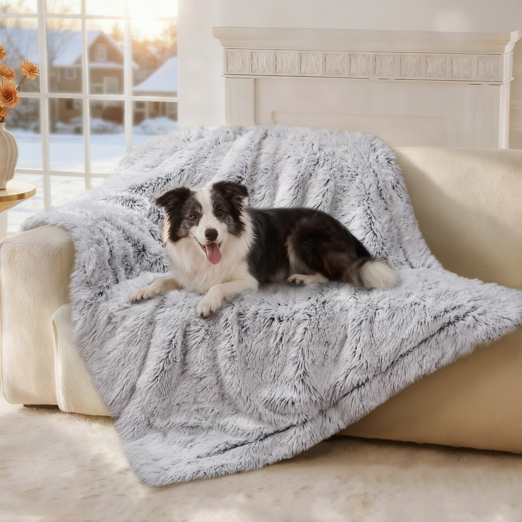 Luciphia Waterproof Washable Shaggy Faux Fur for Couch & Bed Dog Blanket, Mist Grey, 50 x 60-in