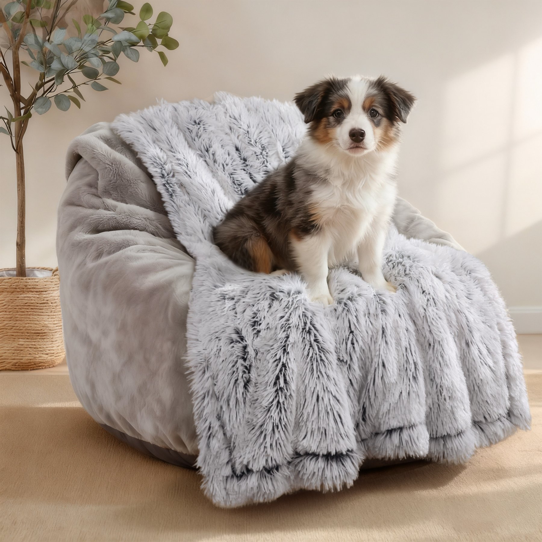 Luciphia Waterproof Washable Shaggy Faux Fur for Couch & Bed Dog Blanket, Mist Grey, 40 x 50-in