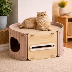 Fairela Wooden 12-in Fleece Modern Cat Condo Bed with Enclosed Hideaway, Beige