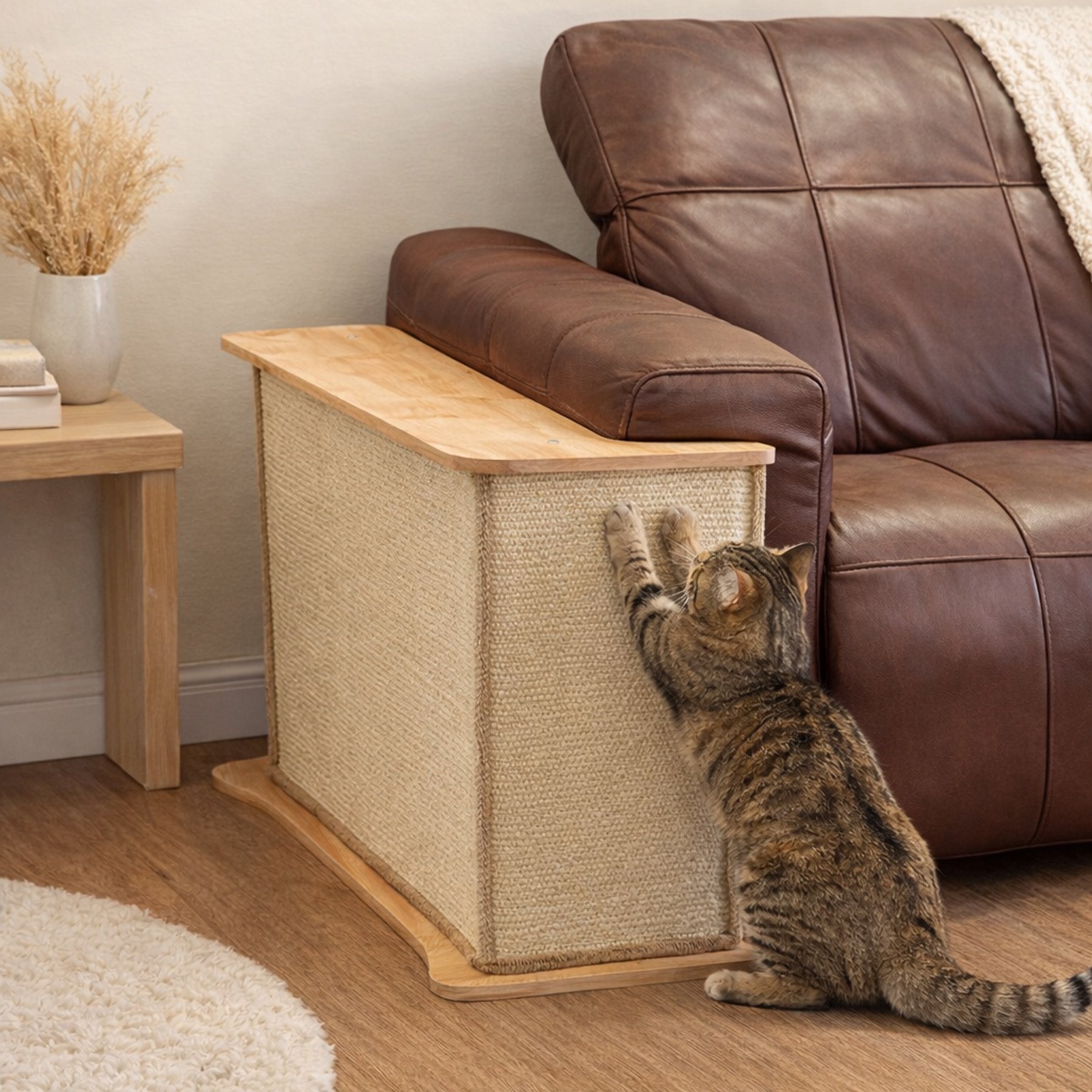 Fairela 2-in-1 Couch-Guard Wooden 19.5-in Hemp Modern Cat Scratcher, Corner Table & Slim Side Table, Beige