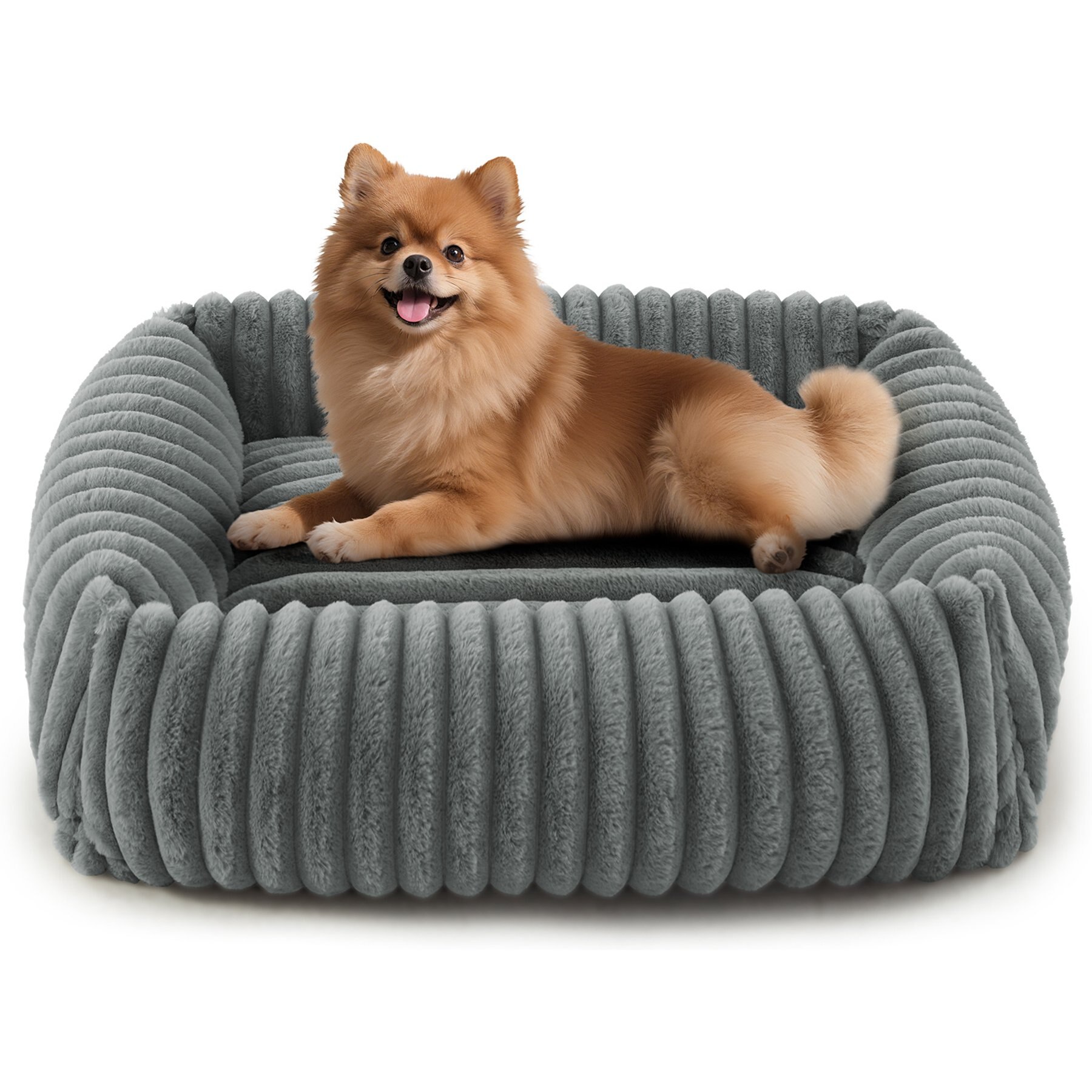 MIXJOY Rectangle Anti-Slip Bottom Removable Cover Bolster Dog Bed with Faux Rabbit Fur, Light Grey, Medium