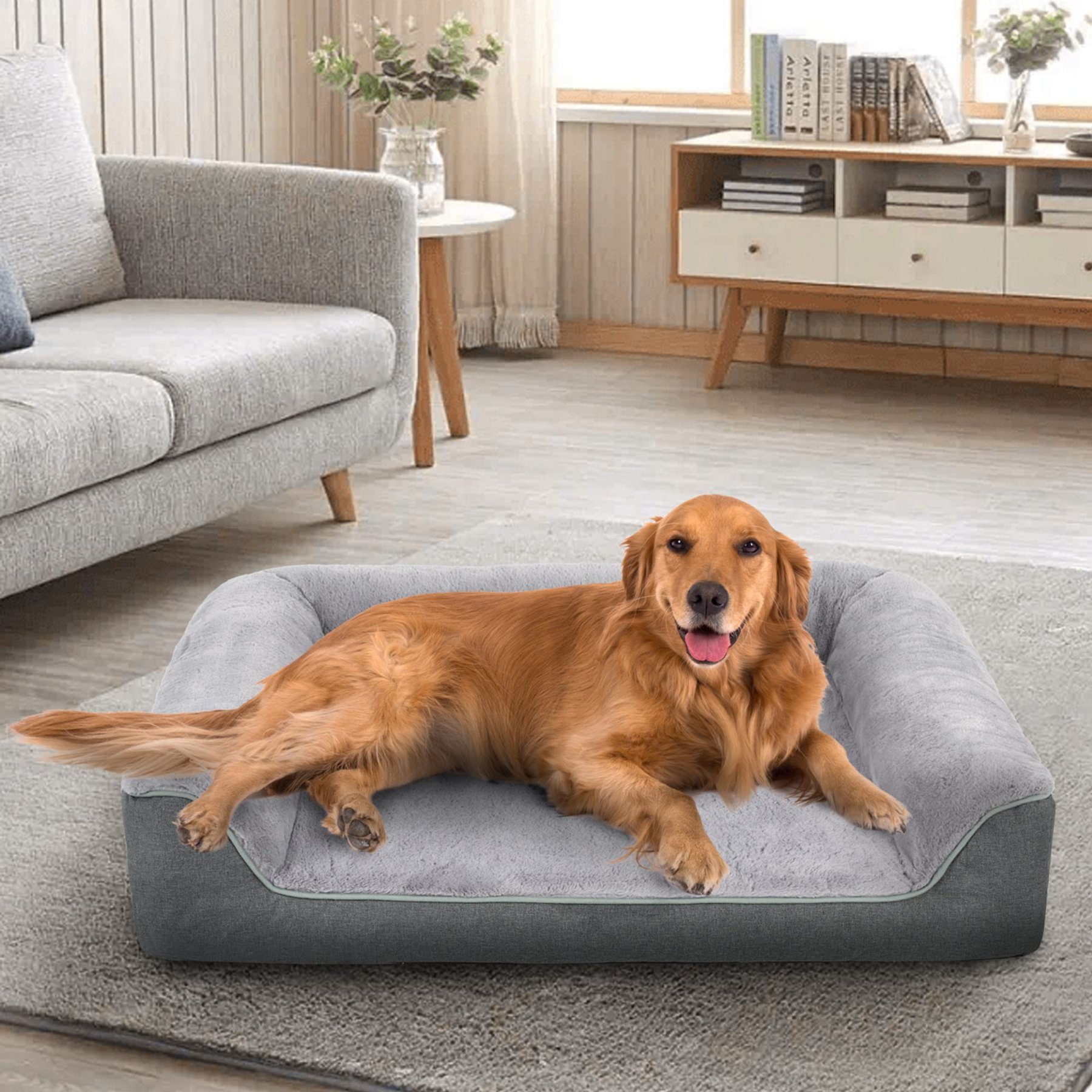 LFC PETS Water-resistant Orthopedic Bolster Dog & Cat Bed with Removable Cover, Grey, Large