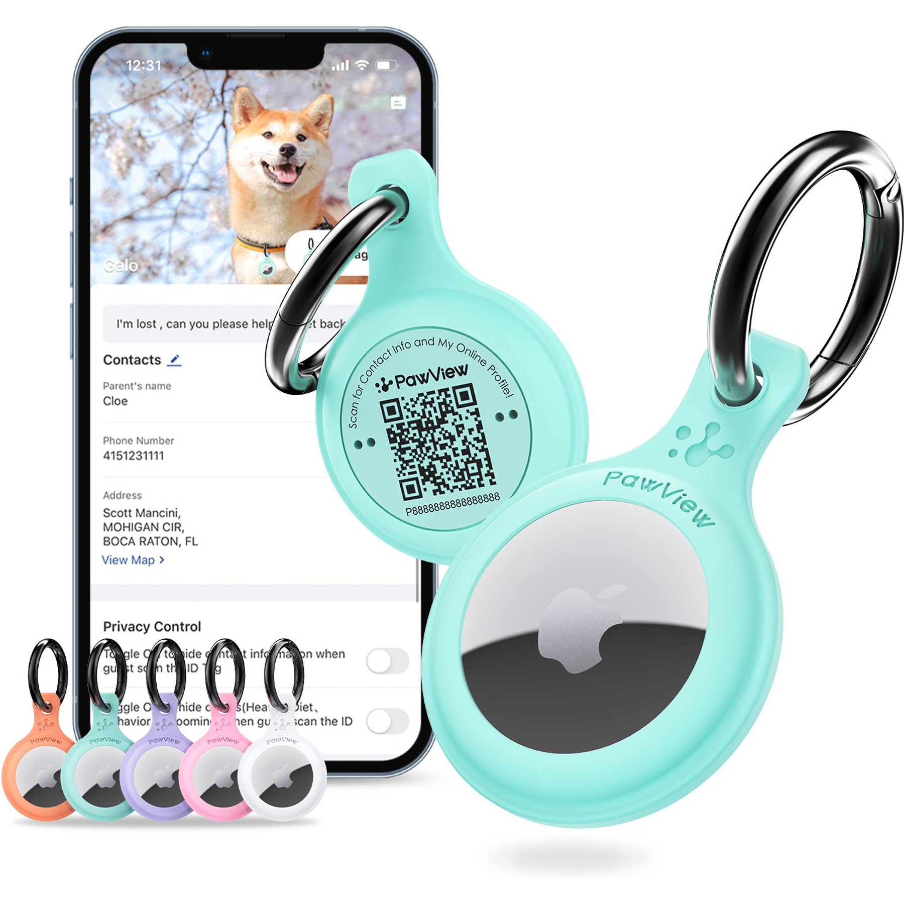 Pawview QR code Silent Waterproof Smart Dog & Cat AirTag Collar Holder, Mint Green