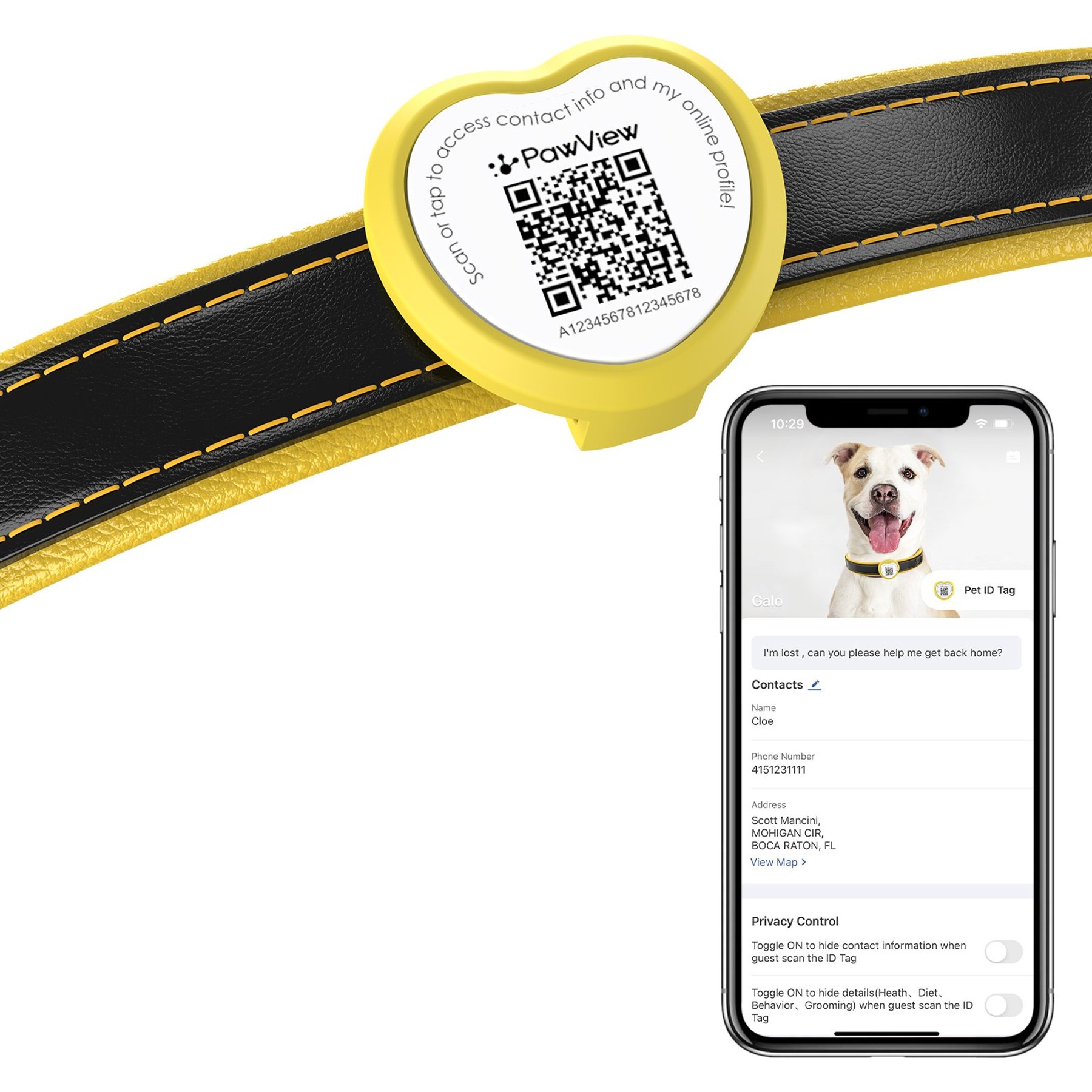 Pawview NFC & QR Code Silent Silicone Heart Shape Personalized Smart Dog ID Tag, Yellow