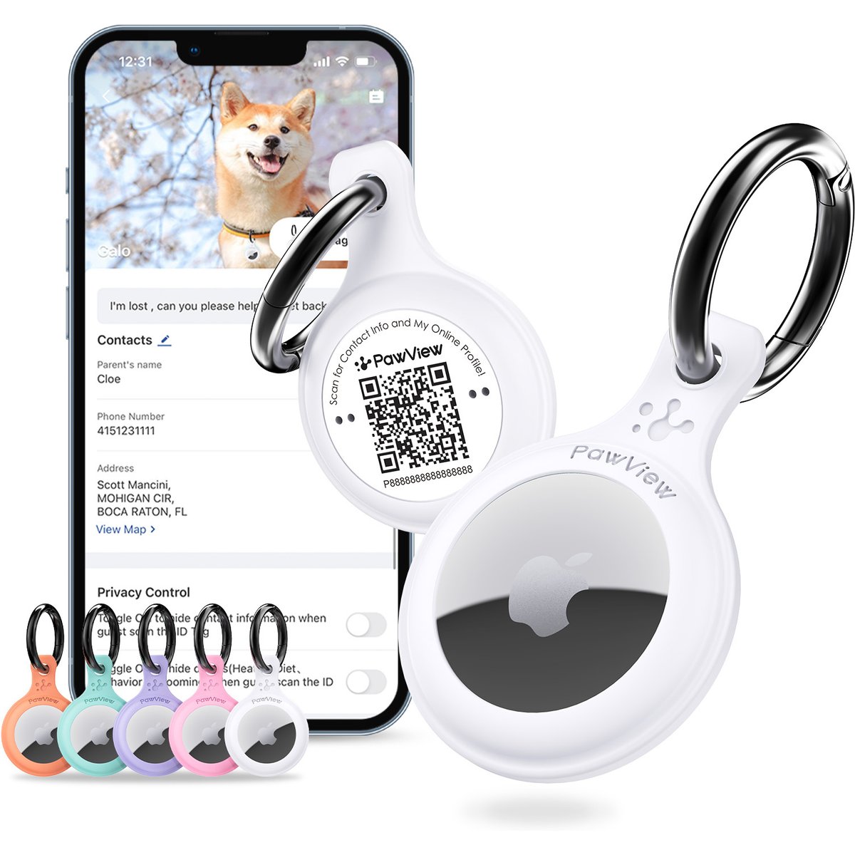 Pawview QR code Silent Waterproof Smart Dog & Cat AirTag Collar Holder, White