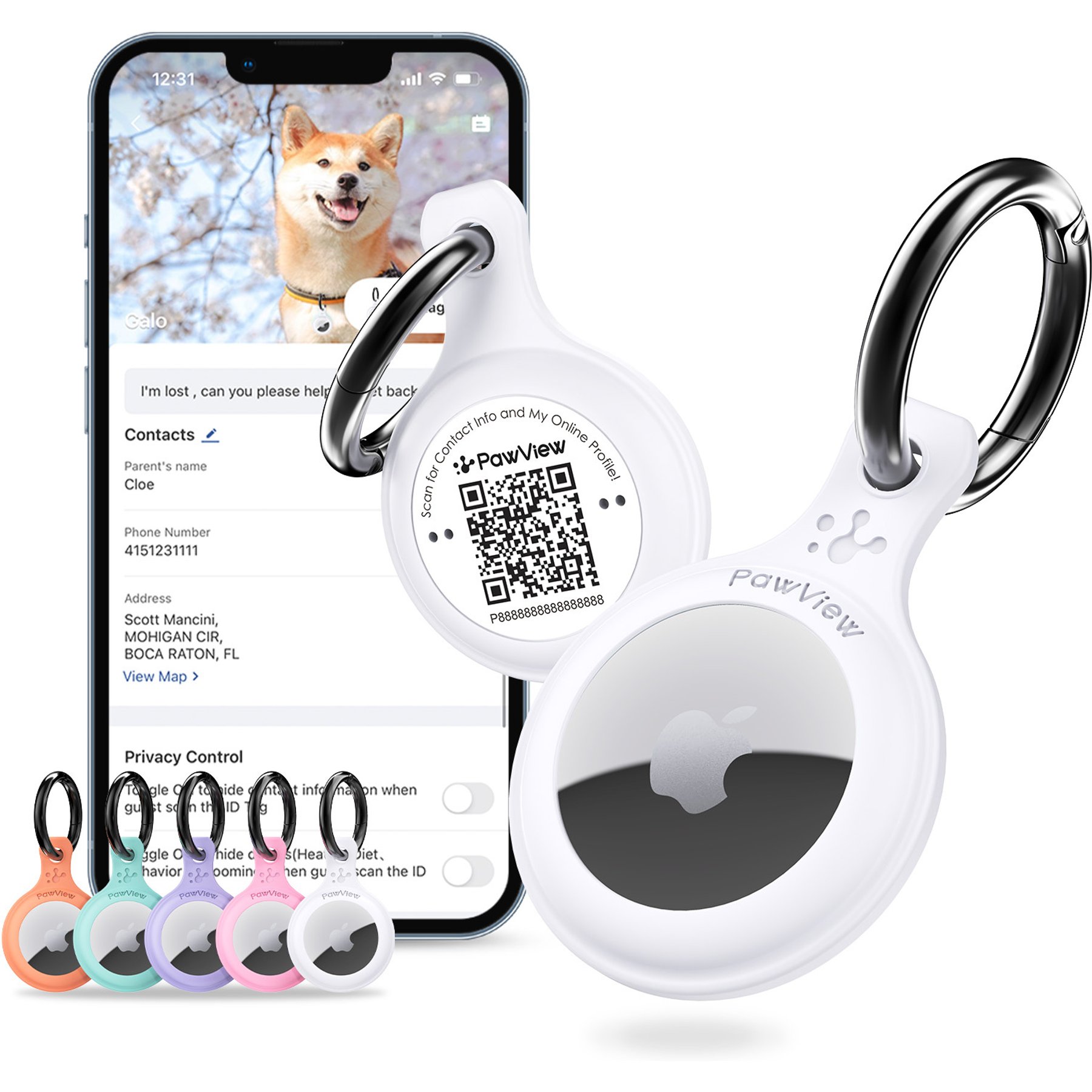 Pawview QR code Silent Waterproof Smart Dog & Cat AirTag Collar Holder, White