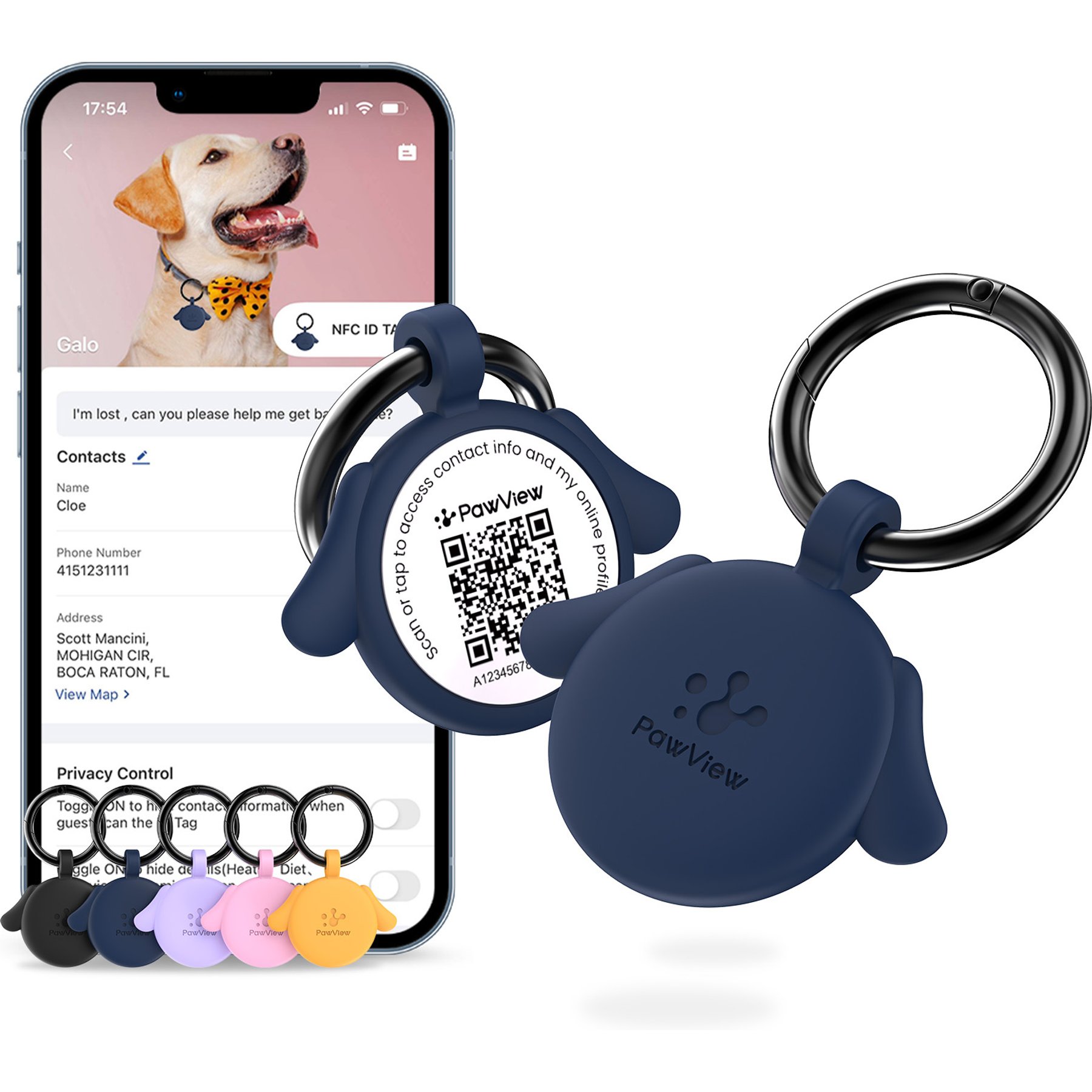 Pawview NFC & QR Code Silent Silicone Dog Shape Personalized Smart ID Tag, Blue