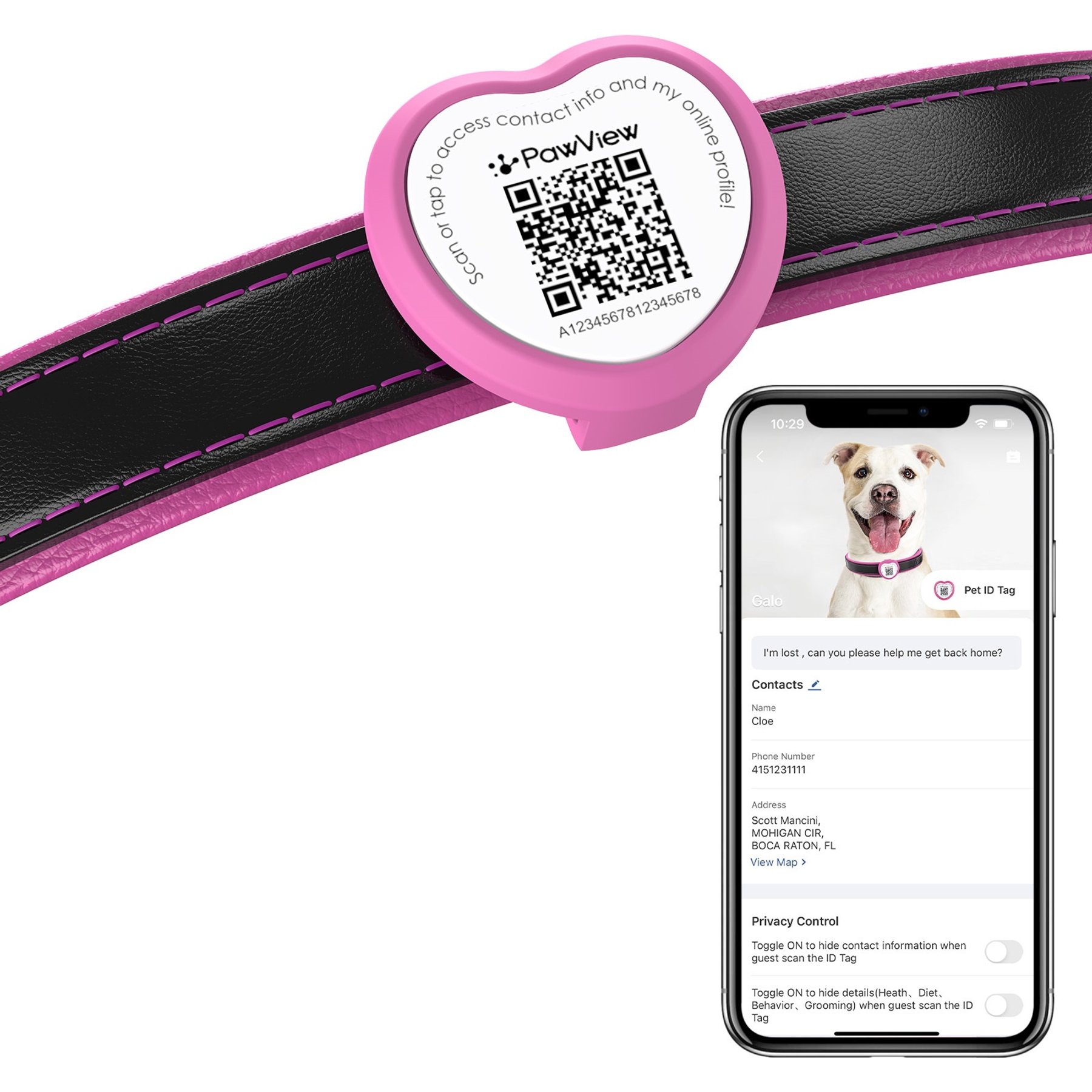 Pawview NFC & QR Code Silent Silicone Heart Shape Personalized Smart Dog ID Tag, Rose Red