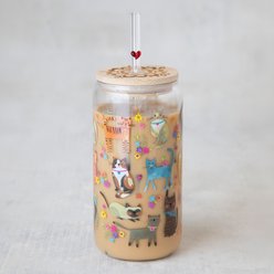 Natural Life Cat Glass Tumbler with Lid & Straw, 3 x 6-in, 16-oz