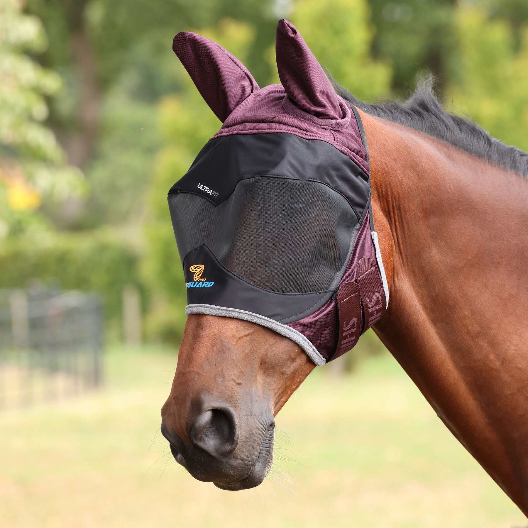 Shires Equestrian Products FlyGuard Pro Deluxe Horse Fly Mask with Ears, Black Cherry, Pony