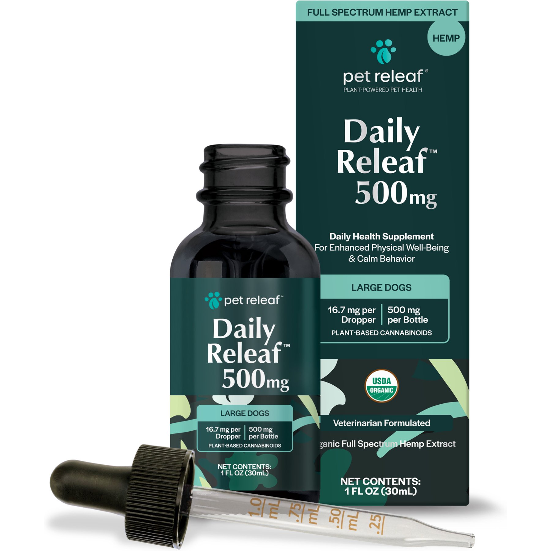 Pet Releaf Daily Releaf 500-mg Organic Full Spectrum Hemp Extract Oil Supplement for Large Dogs, 1-fl oz bottle
