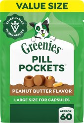 Greenies Pill Pockets Canine Real Peanut Butter Flavor Natural Dog Treats, Capsule Size, 60 count