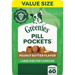 Greenies Pill Pockets Canine Real Peanut Butter Flavor Natural Dog Treats, Capsule Size, 60 count