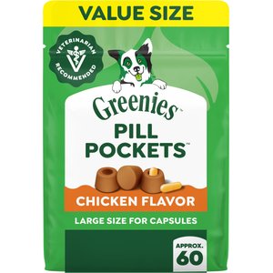Greenies Pill Pockets Canine Chicken Flavor Natural Dog Treats, Capsule Size, 60 count