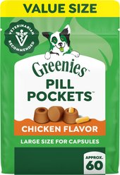 Greenies Pill Pockets Canine Chicken Flavor Natural Dog Treats, Capsule Size, 60 count