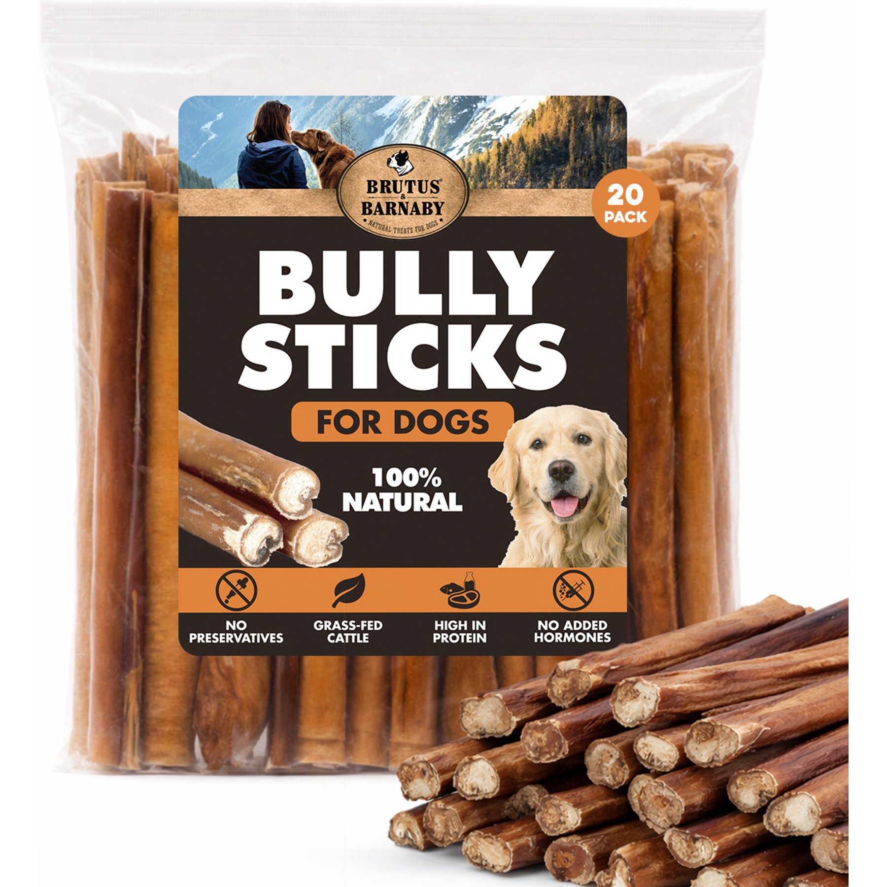 Brutus & Barnaby 6-in Bully Sticks Dog Treats, 20 count