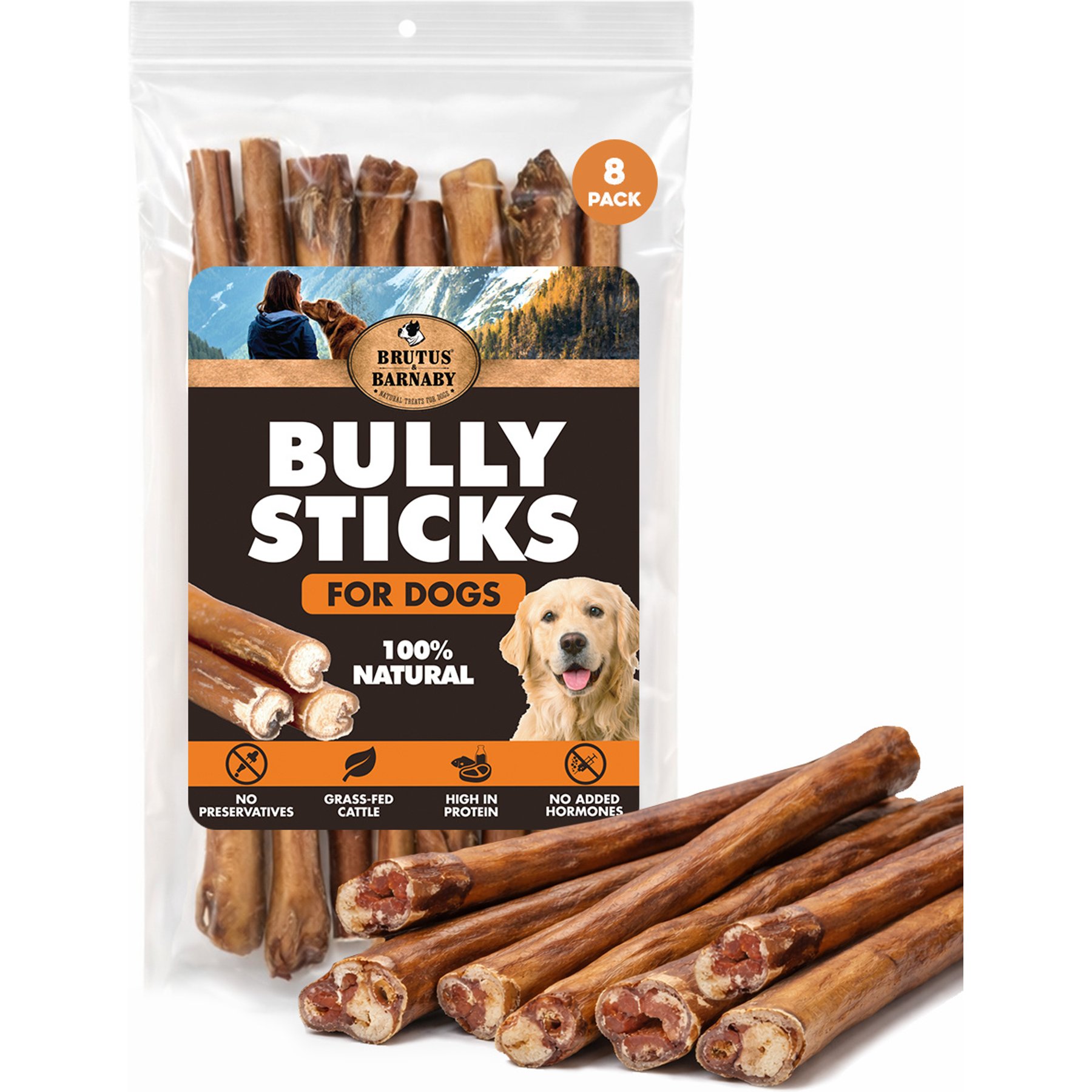 Brutus & Barnaby 12-Inch Single Ingredient High Protein & Rawhide-Free Thick Jumbo Bully Sticks Dogs Chews, 8 count