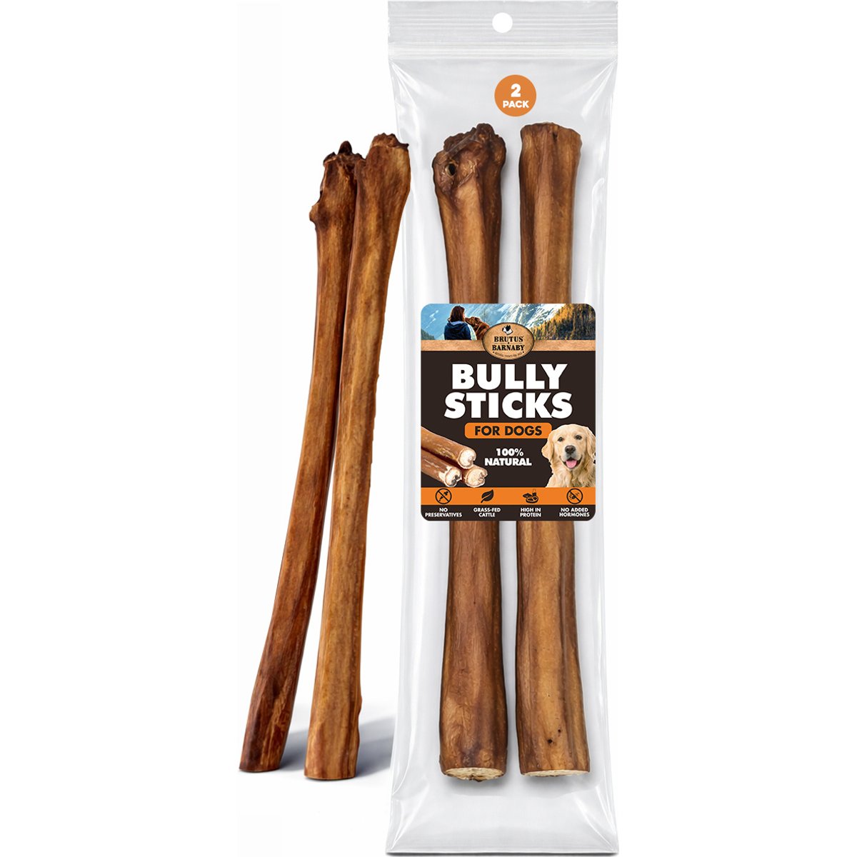 Brutus & Barnaby 12-Inch Single Ingredient High Protein & Rawhide-Free Thick Jumbo Bully Sticks Dogs Chews, 2 count