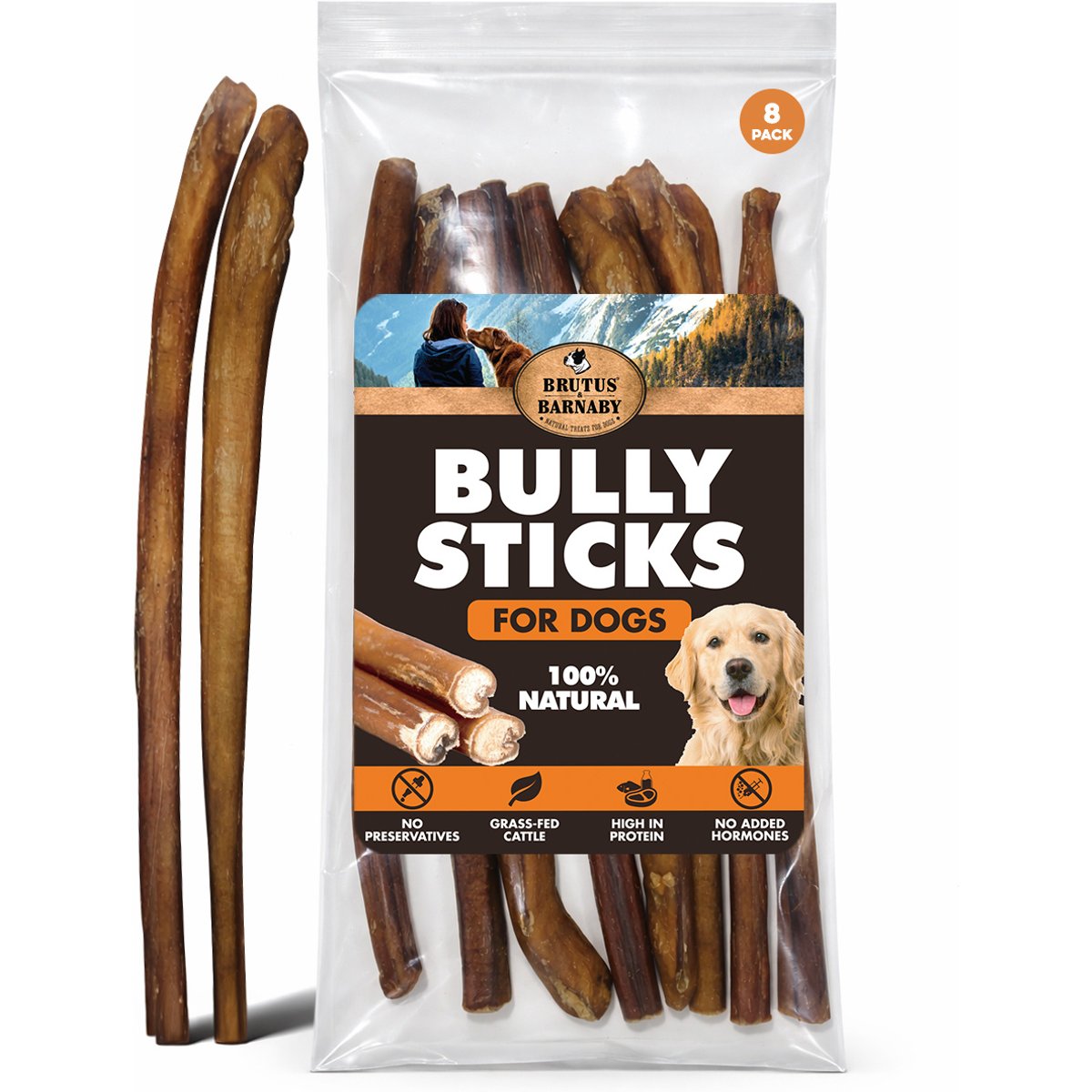 Brutus & Barnaby 12-Inch Single Ingredient High Protein & Rawhide-Free Bully Sticks Dog Chews, 8 count