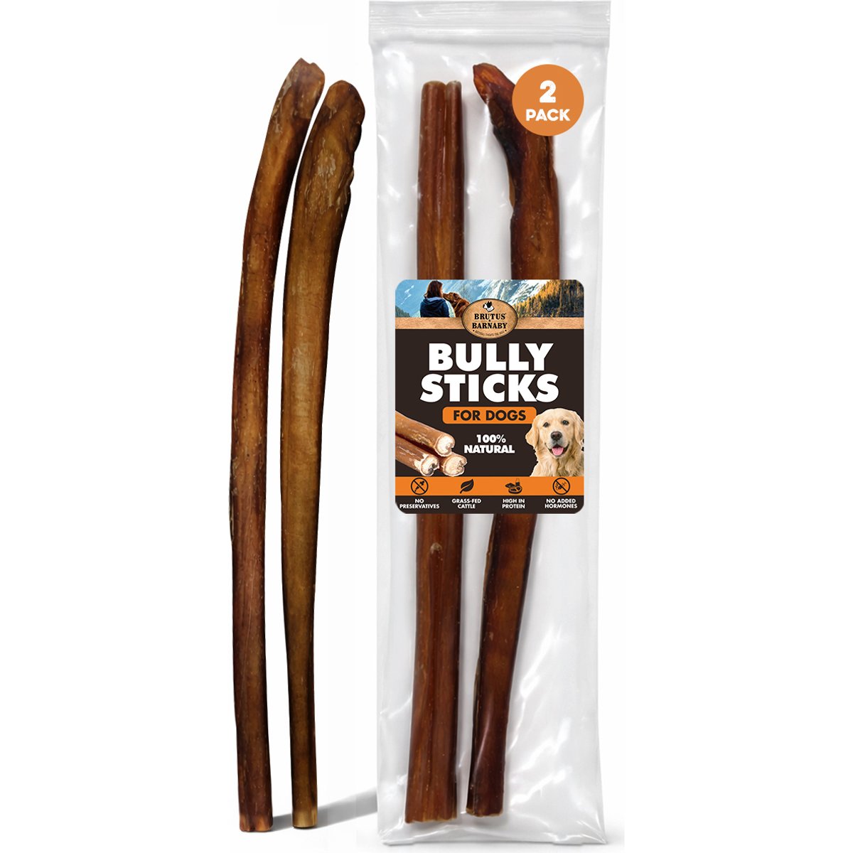 Brutus & Barnaby 12-Inch Single Ingredient High Protein & Rawhide-Free Bully Sticks Dog Chews, 2 count