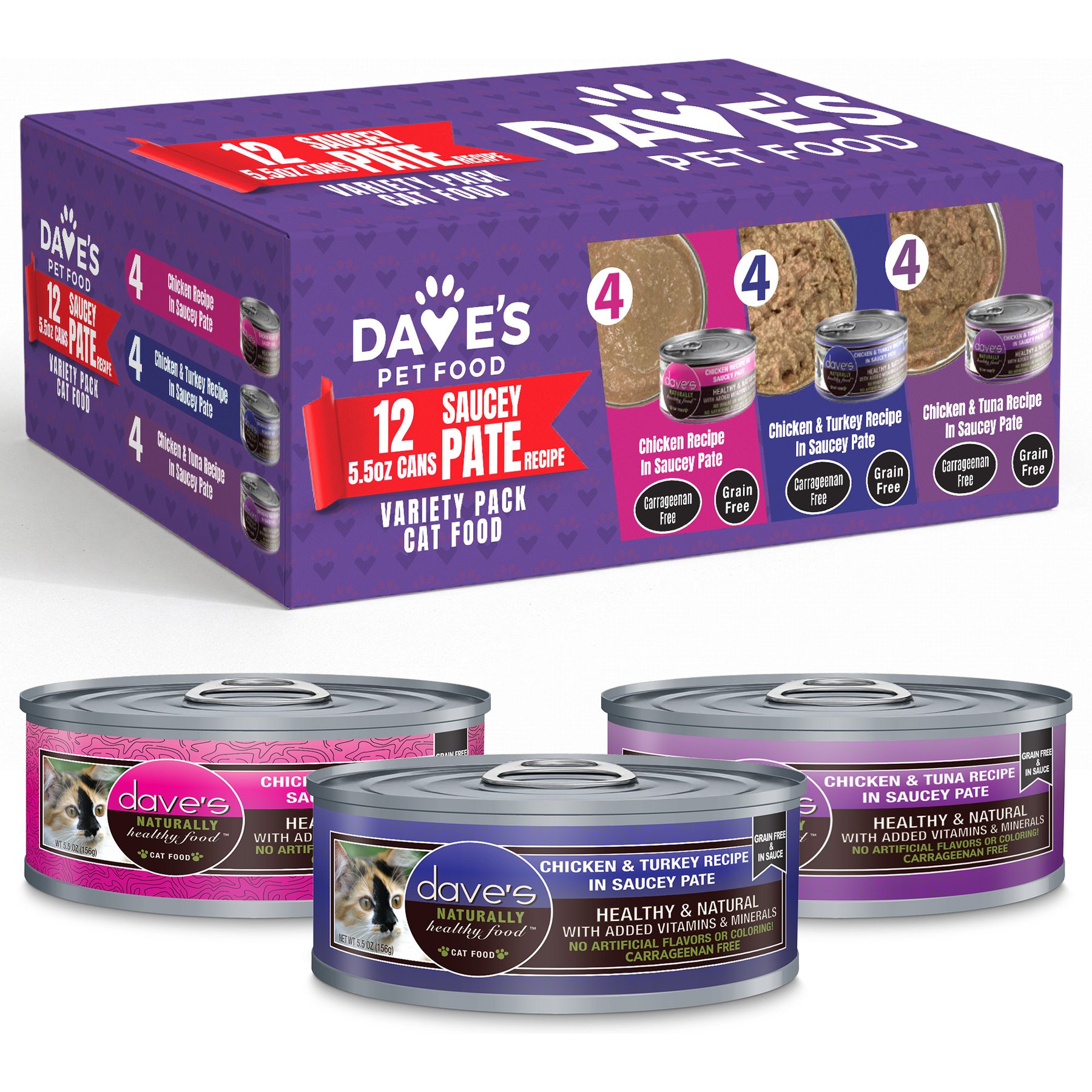 Dave's Pet Food Naturally Healthy Chicken in Saucey Pate Variety Pack, Grain-Free Wet Cat Food, 5.5-oz can, case of 12