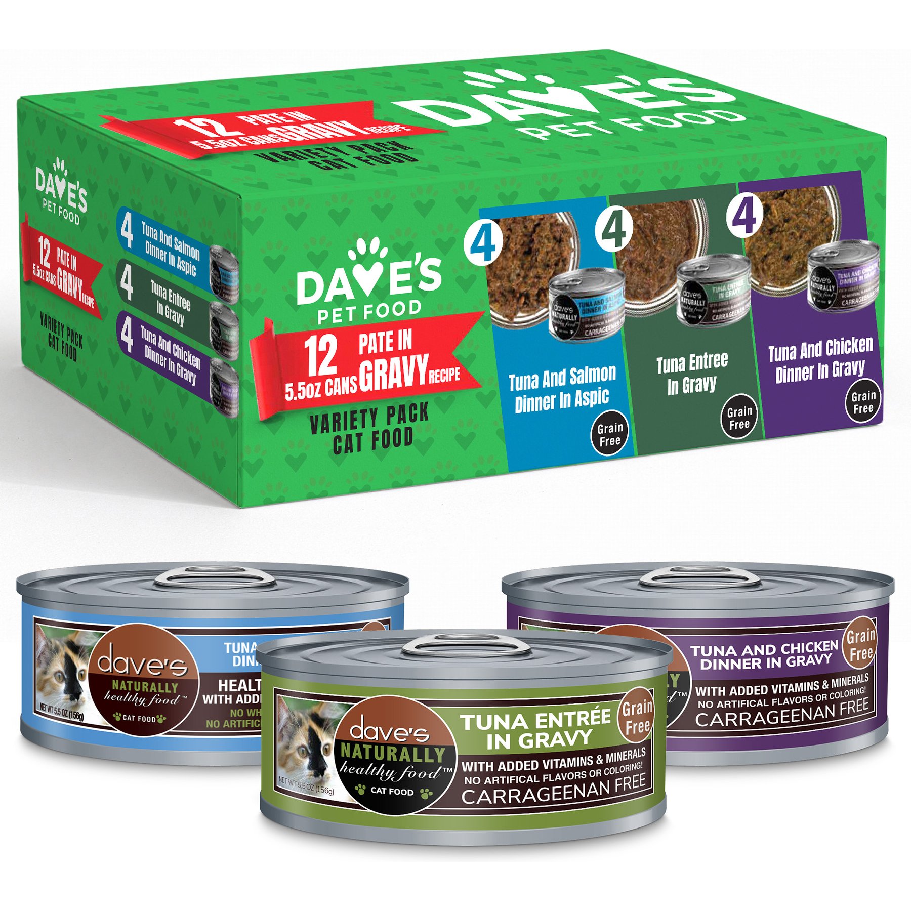 Dave's Pet Food Naturally Healthy Tuna Pate in Gravy Variety Pack Grain-Free Wet Cat Food, 5.5-oz can, case of 12