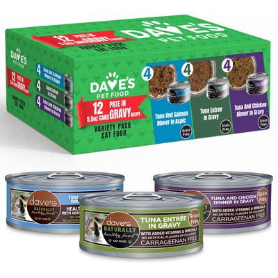 Dave's Pet Food Dave's Pet Food Naturally Healthy Tuna Pate in Gravy Variety Pack Grain-Free Wet Cat Food, 5.5-oz can, case of 12