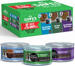 Dave's Pet Food Naturally Healthy Tuna Pate In Gravy Variety Pack Grain-Free Wet Cat Food, 3-oz can, case of 12
