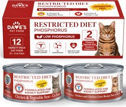 Dave's Pet Food Low Phosphorus Chicken Variety Pack for Kidney Renal Support Pate & Stew Wet Cat Food, 3-oz can, case of 12