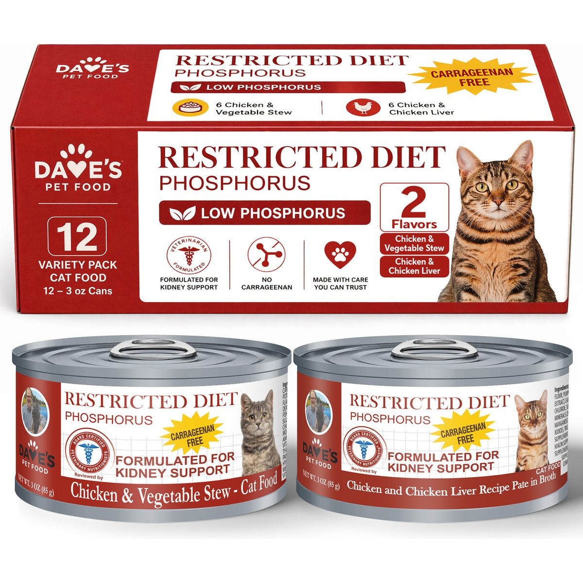 Dave's Pet Food Low Phosphorus Chicken Variety Pack for Kidney Renal Support Pate & Stew Wet Cat Food, 3-oz can, case of 12