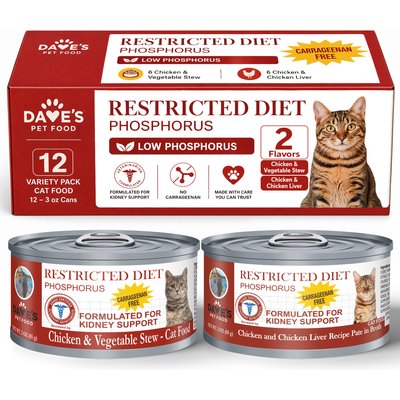 Dave's Pet Food Dave's Pet Food Low Phosphorus Chicken Variety Pack for Kidney Renal Support Pate & Stew Wet Cat Food, 3-oz can, case of 12