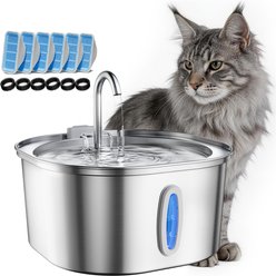 PEKTACO Stainless Steel Cat Water Fountain with Small Level Window, 6 Filters & 6 Sponges, 3.2 liter