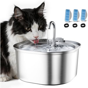 PEKTACO Stainless Steel Cat Fountain with Metal Spout & 3 Replacement Filters, 3.2 liter