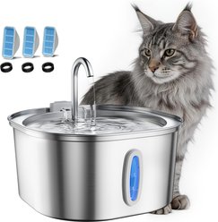 PEKTACO Stainless Steel Cat Water Fountain with Small Level Window, 3 Filters & 3 Sponges, 3.2 liter
