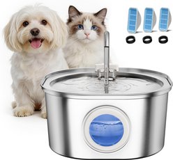 PEKTACO Stainless Steel Cat Water Fountain with Big Level Window, 3 Filters & 3 Sponges, 3.2 liter