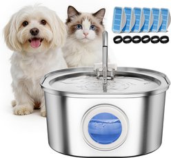 PEKTACO Stainless Steel Cat Fountain with Big Level Window, 6 Filters & 6 Sponges, 3.2 liter