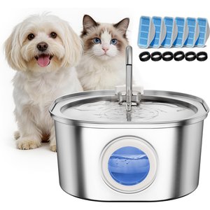 PEKTACO Stainless Steel Cat Fountain with Big Level Window, 6 Filters & 6 Sponges, 3.2 liter