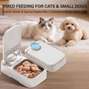 VIVIPAL 2-Meal Dry & Wet Stainless Steel Automatic Dog & Cat Feeder, White, 700-mL