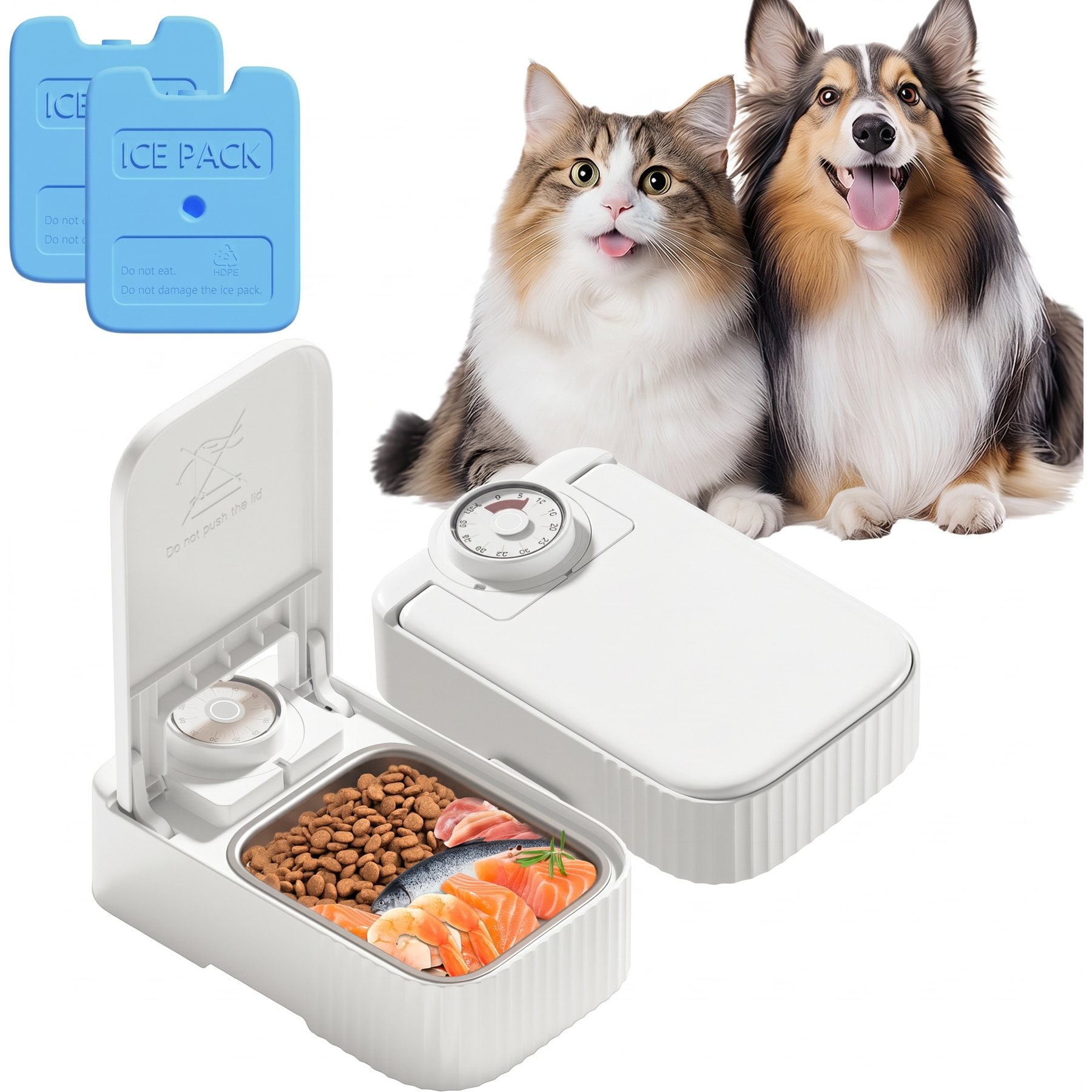 VIVIPAL 2-Meal Dry & Wet Stainless Steel Automatic Dog & Cat Feeder, White, 700-mL