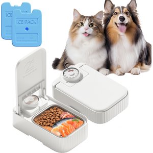 VIVIPAL 2-Meal Dry & Wet Stainless Steel Automatic Dog & Cat Feeder, White, 700-mL