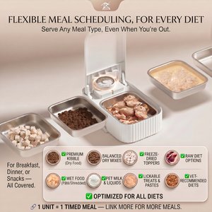 VIVIPAL 2-Meal Dry & Wet Stainless Steel Automatic Dog & Cat Feeder, White, 700-mL