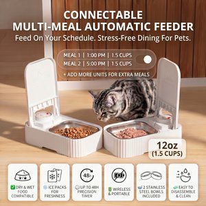 VIVIPAL 2-Meal Dry & Wet Stainless Steel Automatic Dog & Cat Feeder, White, 700-mL