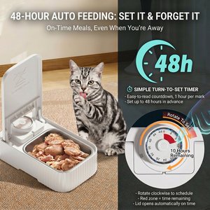 VIVIPAL 2-Meal Dry & Wet Stainless Steel Automatic Dog & Cat Feeder, White, 700-mL