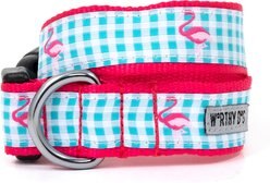 The Worthy Dog Gingham Flamingos Adjustable Dog Collar, Aqua, X-Small: 5 to 11-in neck, 1/2-in wide