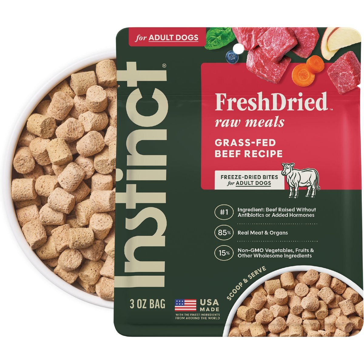 Instinct FreshDried Bites Real Beef Recipe Grain-Free Adult Freeze-Dried Dog Food, 3-oz bag