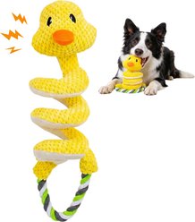 Potaroma Long Neck Duck Interactive Squeaky Exercise Plush & Stretchy Tug of War Chew Dog Toy with Durable Cotton Rope Handle, Yellow