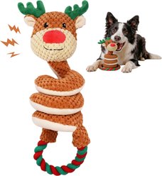 Potaroma Christmas Reindeer Squeaky Exercise Plush Tug of War & Stretchy Long Neck Chew Dog Toy with Cotton Rope Handle, Multicolor