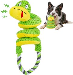 Potaroma Long Neck Snake Interactive Squeaky Exercise Plush & Stretchy Tug of War Chew Dog Toy with Durable Cotton Rope Handle, Multicolor